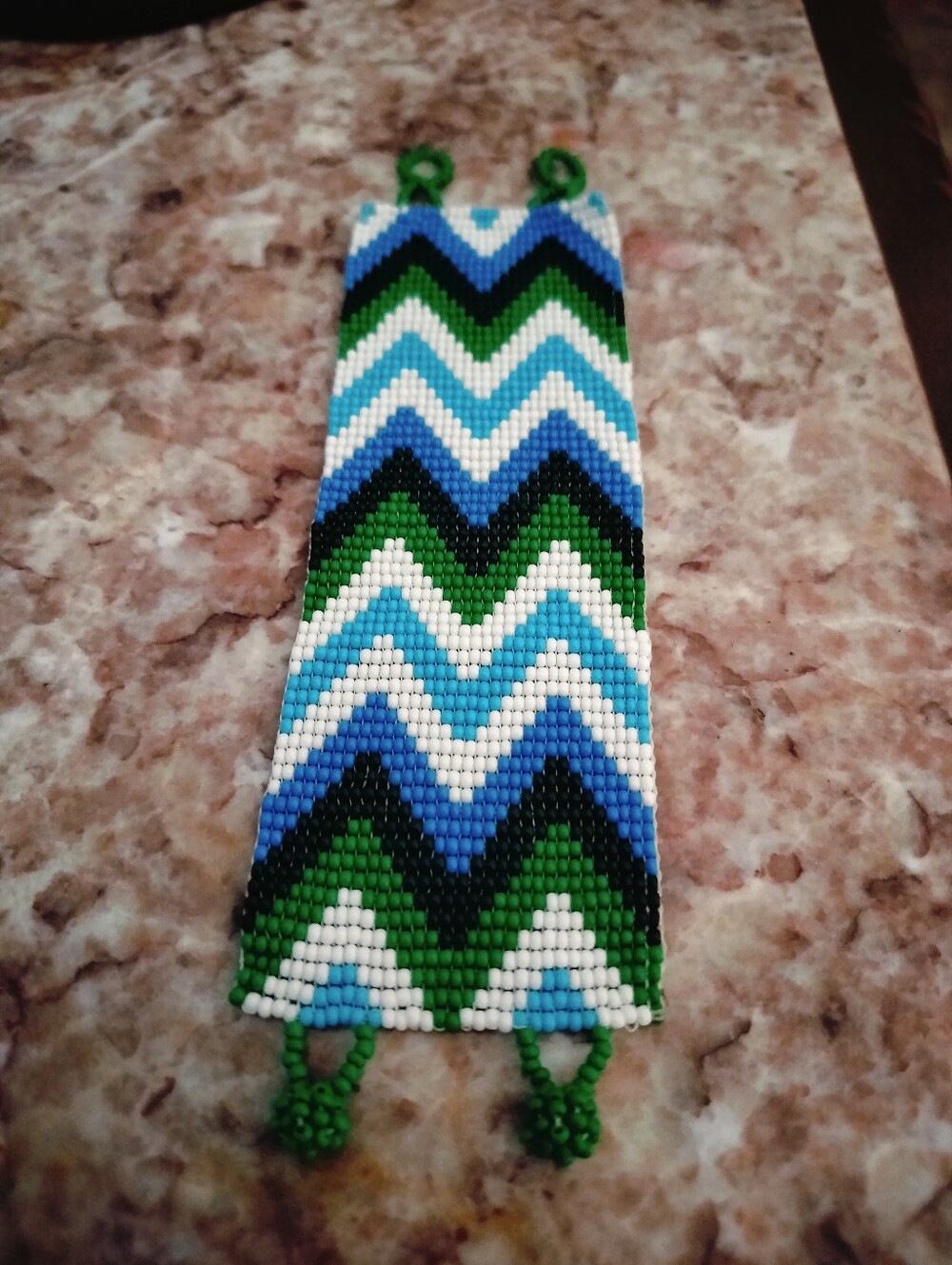 Wide Geometric Chevron Beaded Cuff Bracelet with Beaded Ball Closures
